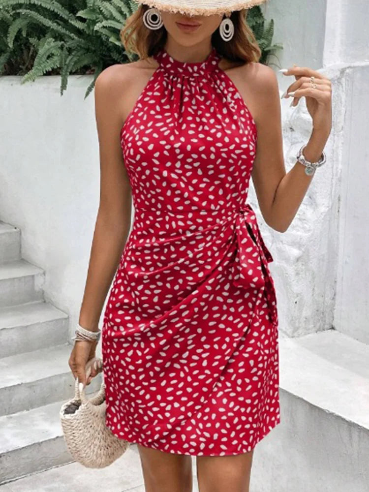 Women Camisole Sleeveless Lace Up Dress Lady Solid Colored Polka Dot Mini Dresses Summer Simple Robe Vestidos