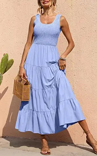 Dresses For Women Summer Sexy Elegant Sleeveless Floral Solid Color Long Dress Fashion Elastic Waist Beach Party Big Swing