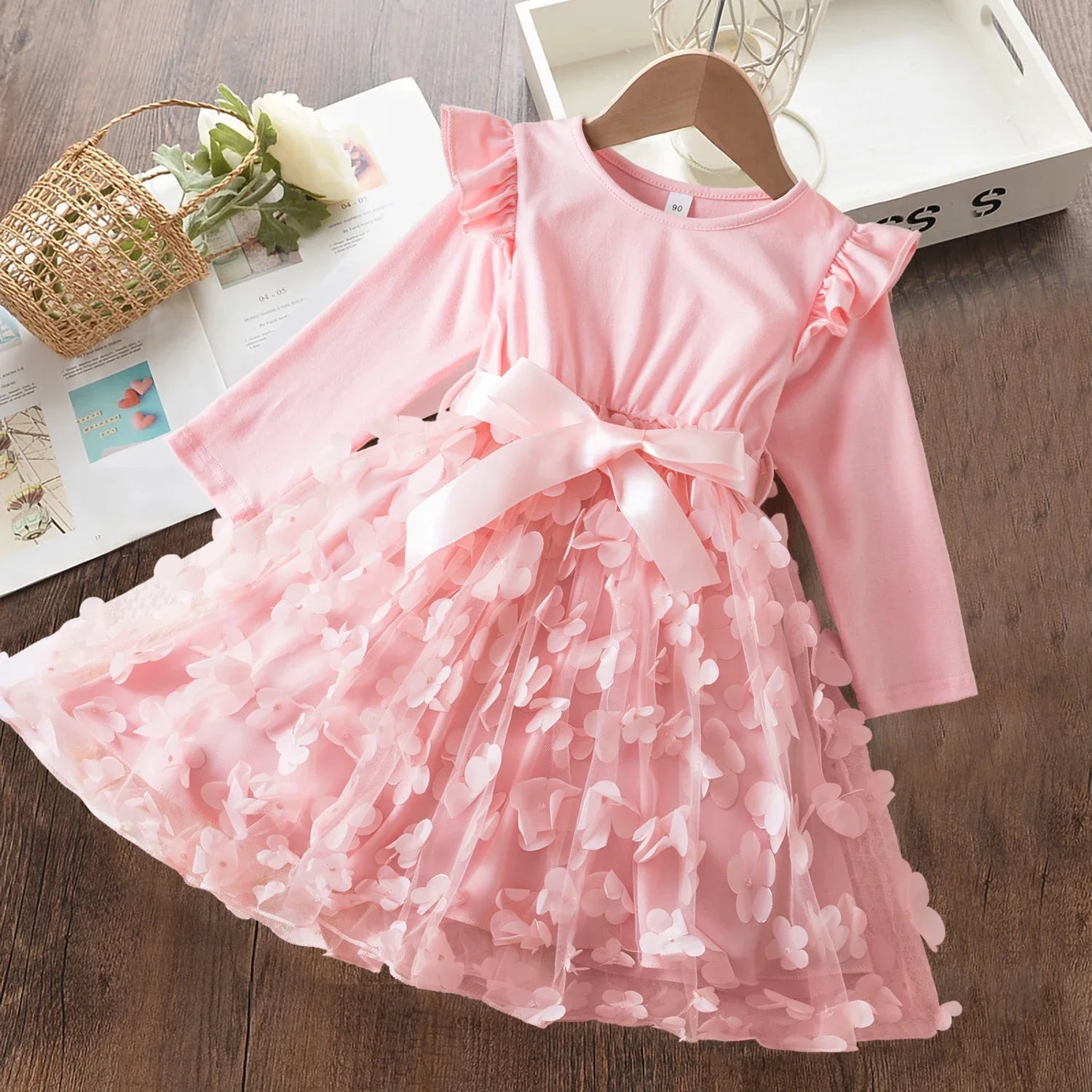 2024 New Autumn\Winter Girls Dress 2-6Yrs Polka-Dot Long Sleeves Mesh Casual Layered Dresses Kids Birthday Party Princess Dress