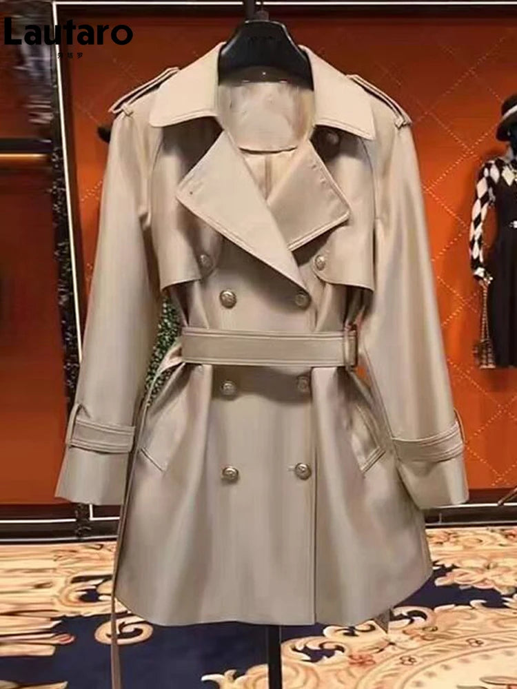 Lautaro Spring Autumn Khaki Satin Trench Coat for Women Belt Double Breasted Elegant High Quality Luxury Designer Clothing
