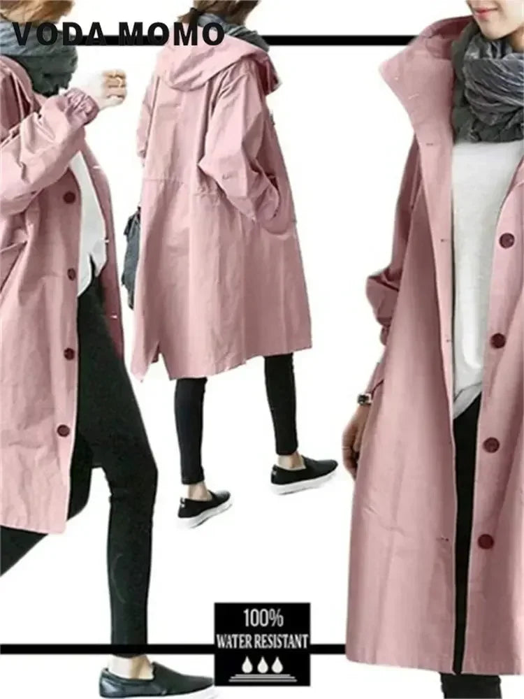 Spring Autumn Casual Korean Fashion Hooded Medium Long Overcoat Loose Windproof Coat Women Trench Coat Solid Color Pocket