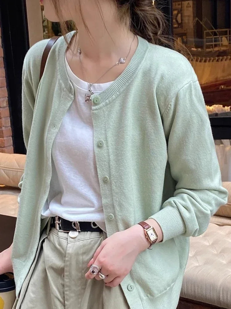 2025 Cardigans Sweater Casual Warm Spring Summer Women O-neck Long Sleeve Single Breasted Slim Fashion Korean Knitwears Tops