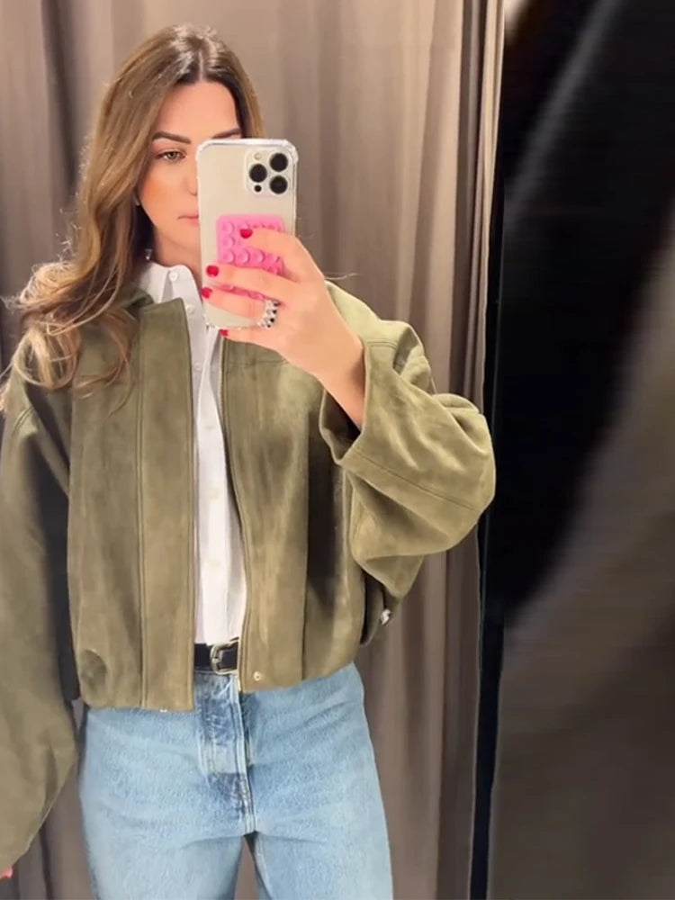 Vintage Suede Jacket Women Casual Lapel Zipper