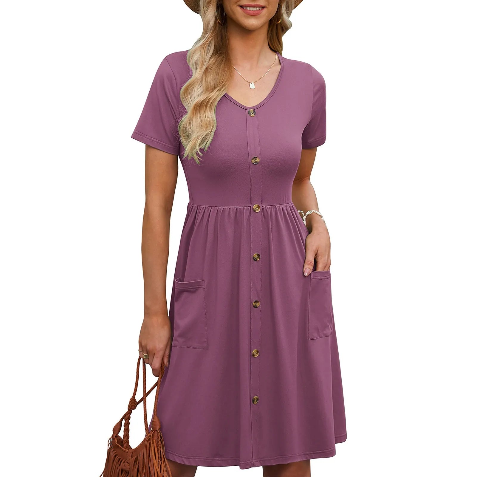 Casual Loose Tank Sundress V-Neck Cotton Button Down Knee Length Dress with Pocket Monochromatic Short Sleeve Short Dresses 원피스