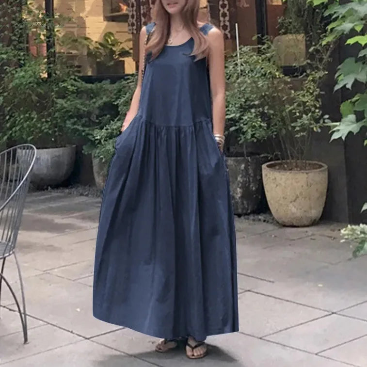 Summer Casual O-neck Sleeveless Loose Solid Long Dress Women Fashion Elegant Office Holiday Beach Party Boho Dresses Robe Femme