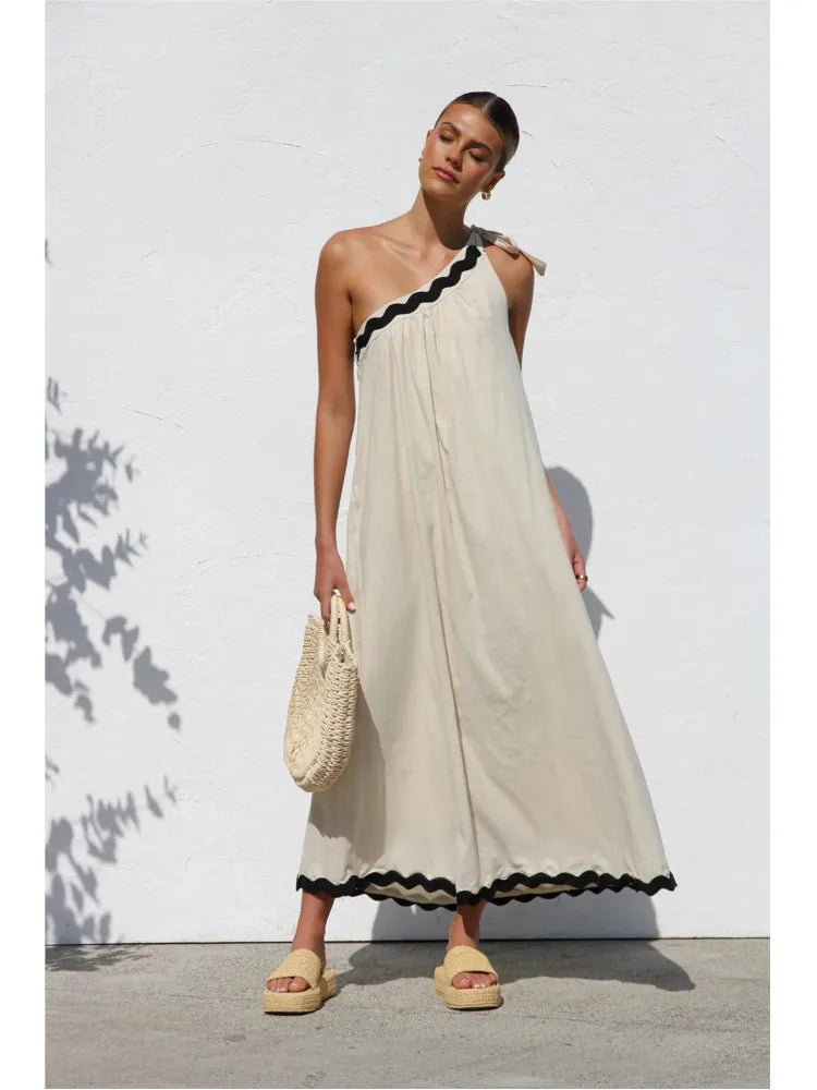 Solid Color Casual Dress For Lady 2025 Summer New French With Sloping Shoulders Lace Up Temperament Vacation Style Long Vestidos
