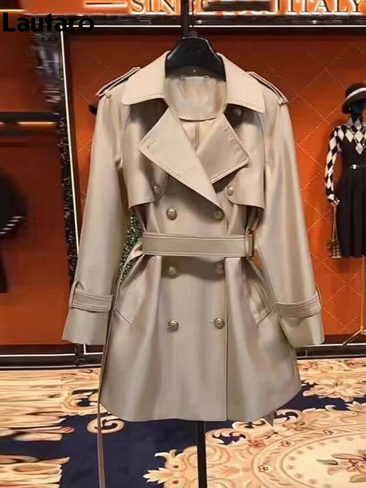 Lautaro Spring Autumn Khaki Satin Trench Coat for Women Belt Double Breasted Elegant High Quality Luxury Designer Clothing