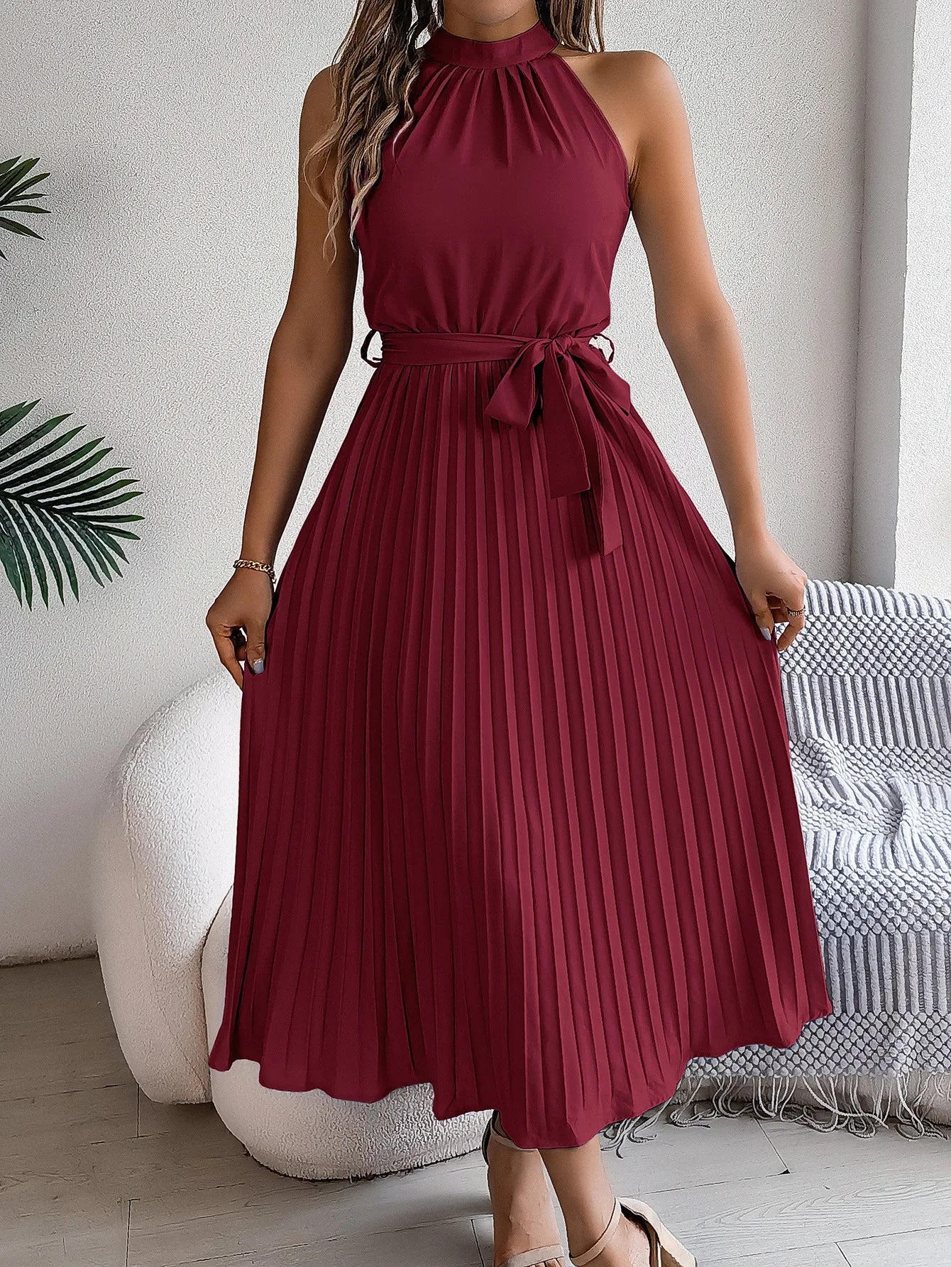 Msfilia Solid Sleeveless Standing Collar Waist Cinched Pleated Long Dress Women's Spring Summer Long Dresses