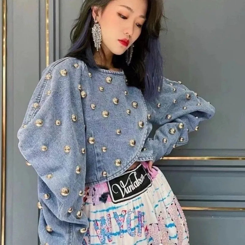 Spring Autumn Women Rivets Long Lantern Sleeve Denim Coat Short Pearls Beading Jeans Bomber Jacket Cowboy Cardigan Tops