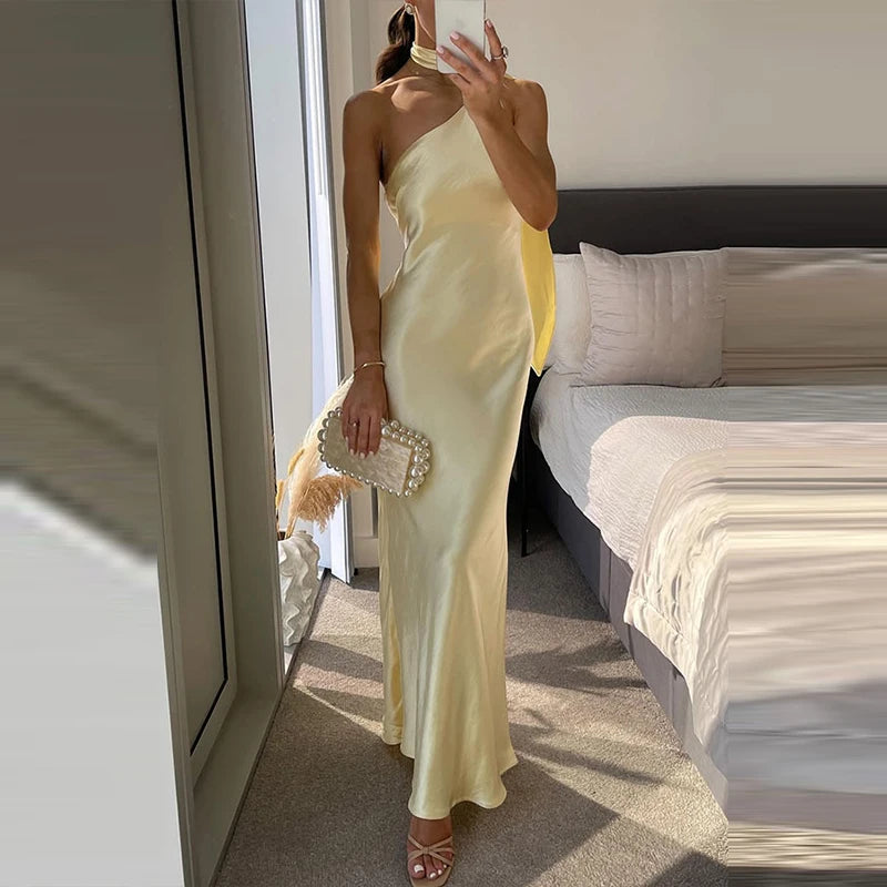 Women Simple Spring Banquet Slim Long Dress Sexy Skew Collar Sleeveless Party Dress Summer Solid Color Ribbon Boho Dresses Mujer