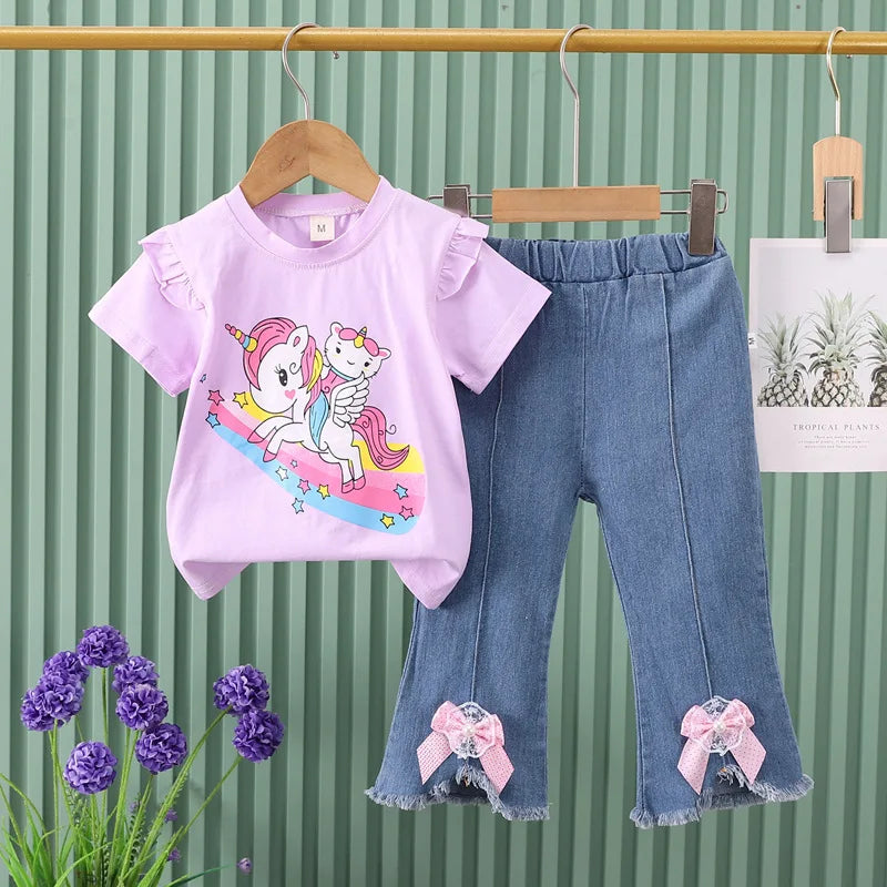 2025 New Children's Set boys Summer Cartoon Printed Short Sleeve+Cowboy Pants Infant Fashion Set 0-4 Years Old