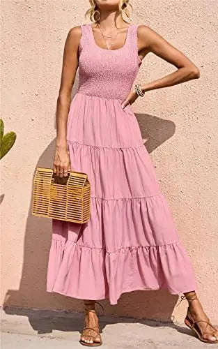Dresses For Women Summer Sexy Elegant Sleeveless Floral Solid Color Long Dress Fashion Elastic Waist Beach Party Big Swing
