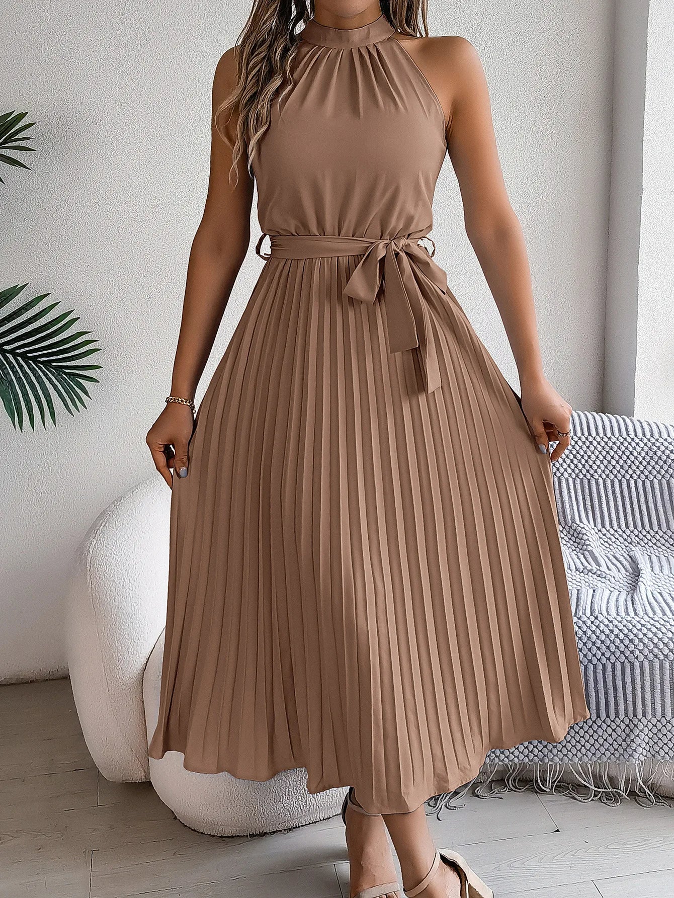 Msfilia Solid Sleeveless Standing Collar Waist Cinched Pleated Long Dress Women's Spring Summer Long Dresses