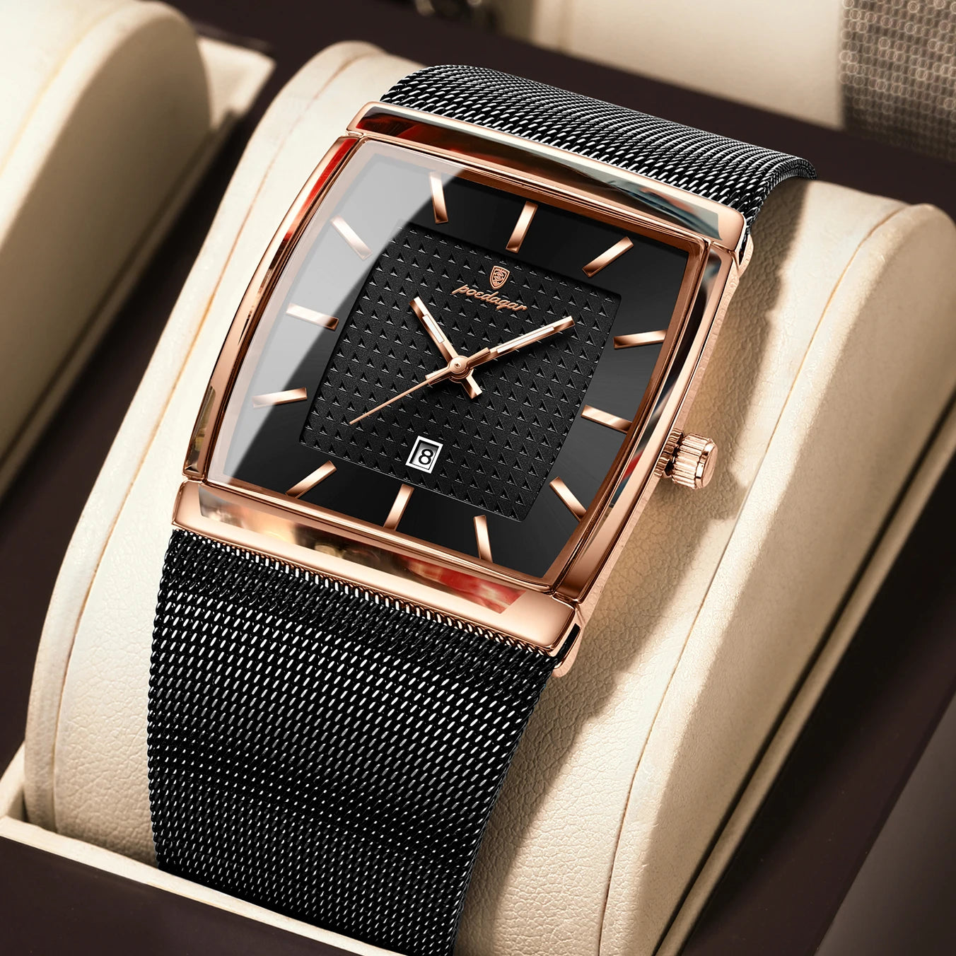 POEDAGAR Top Original Men Watch Waterproof Luminous Date Rectangle Man Wristwatch Mesh Stainless Steel Men's Quartz Watches Male