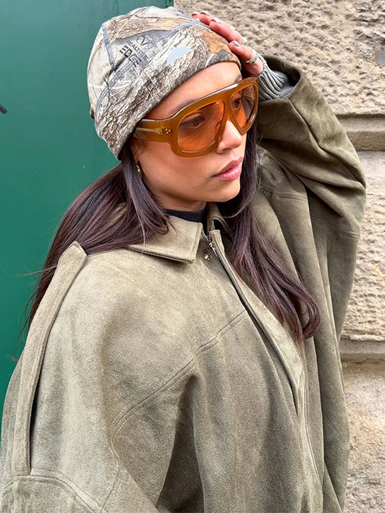 Vintage Suede Jacket Women Casual Lapel Zipper