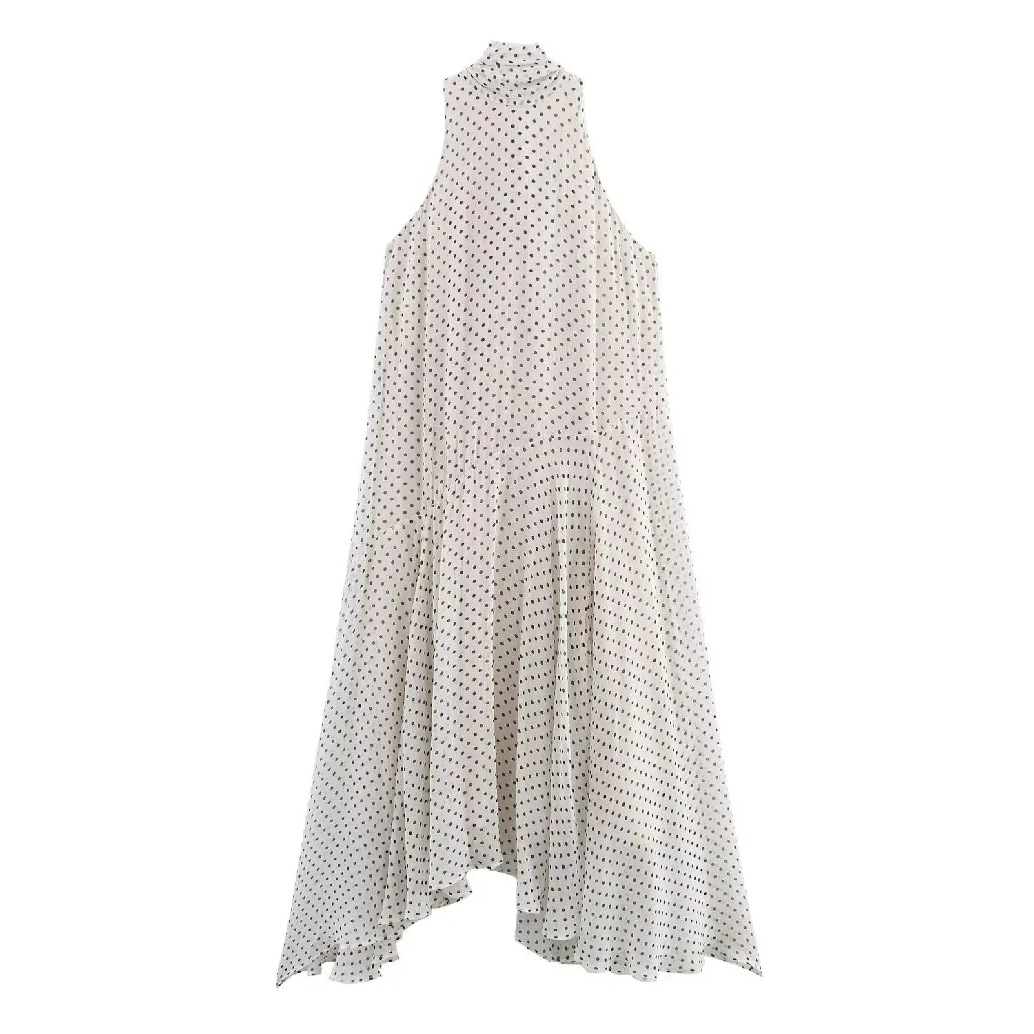 Polka Dot Print Dresses For Women 2025 New Summer Elegant Chic Sleeveless Stand Collar Long Dress Back Bow Lace Up Midi Dresses