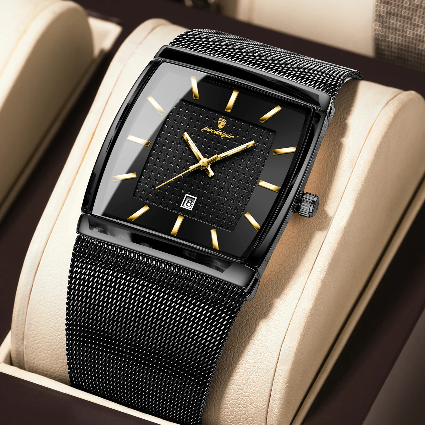 POEDAGAR Top Original Men Watch Waterproof Luminous Date Rectangle Man Wristwatch Mesh Stainless Steel Men's Quartz Watches Male