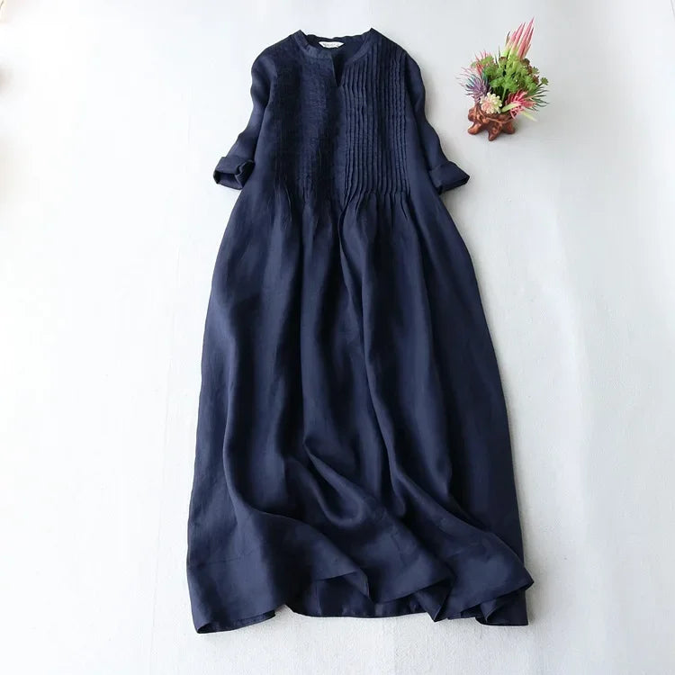 Cotton Linen Women's Dress Summer Elegant Accordion Pleat Loose Drifting Fairy Beautiful Pure Color Long Skirt round Neckline An