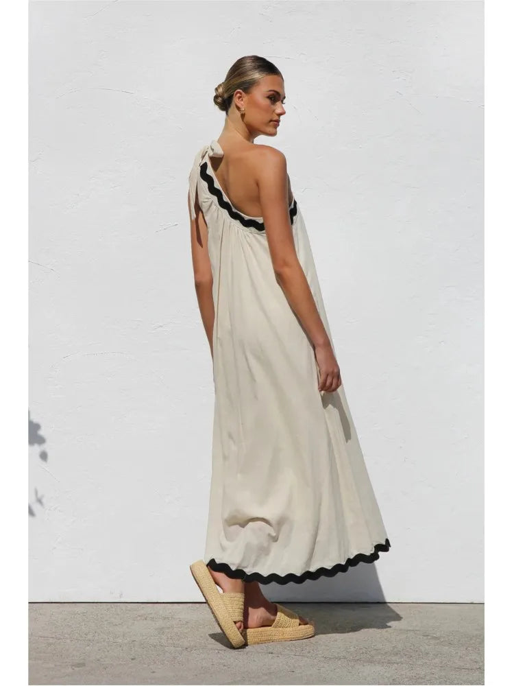 Solid Color Casual Dress For Lady 2025 Summer New French With Sloping Shoulders Lace Up Temperament Vacation Style Long Vestidos