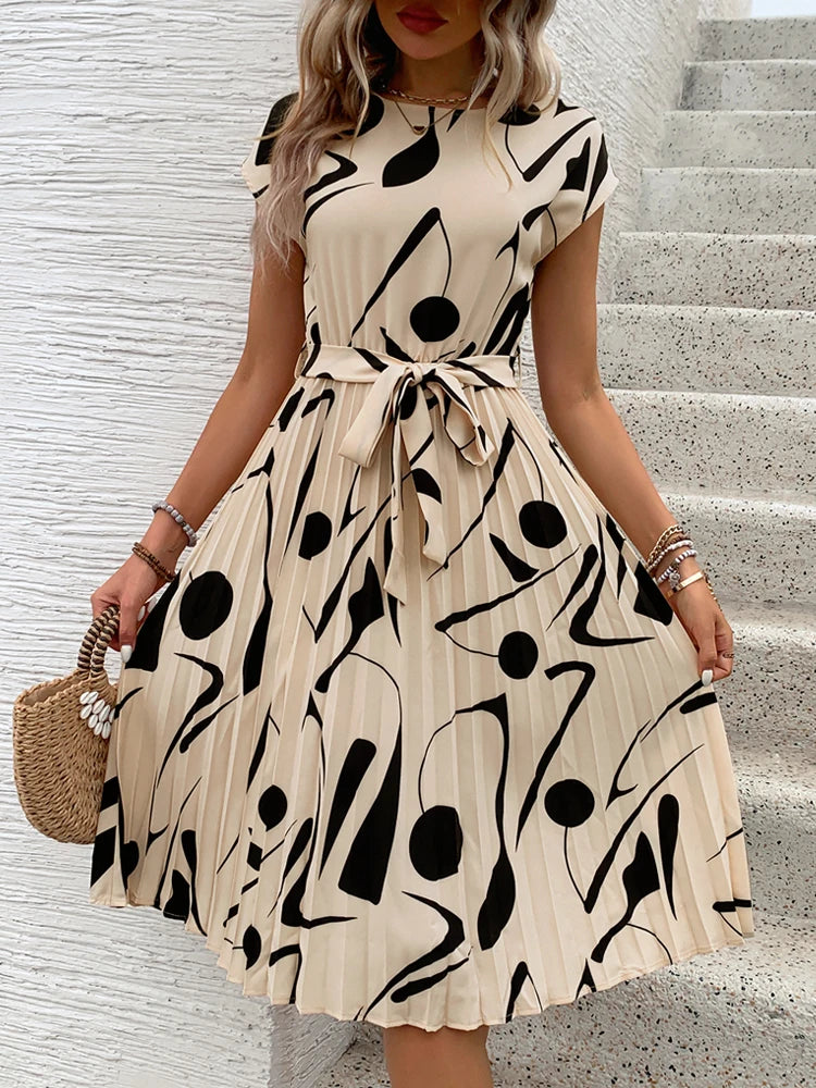 Summer Europe and the United States hot selling new sleeveless temperament commuter dress lace up pleated round neck skirt