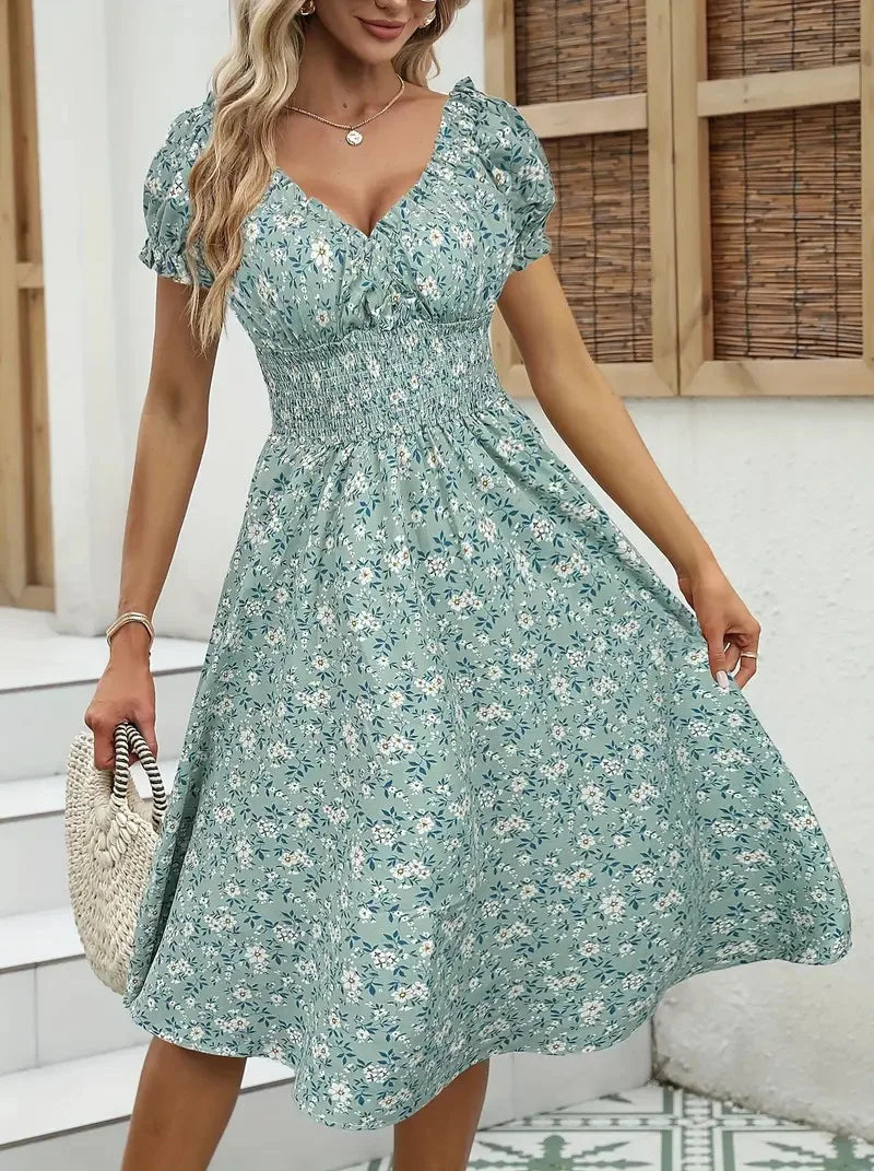 2025 Summer New Vintage Floral Bubble Sleeve French Dress