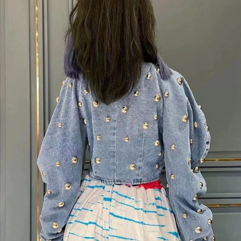 Spring Autumn Women Rivets Long Lantern Sleeve Denim Coat Short Pearls Beading Jeans Bomber Jacket Cowboy Cardigan Tops