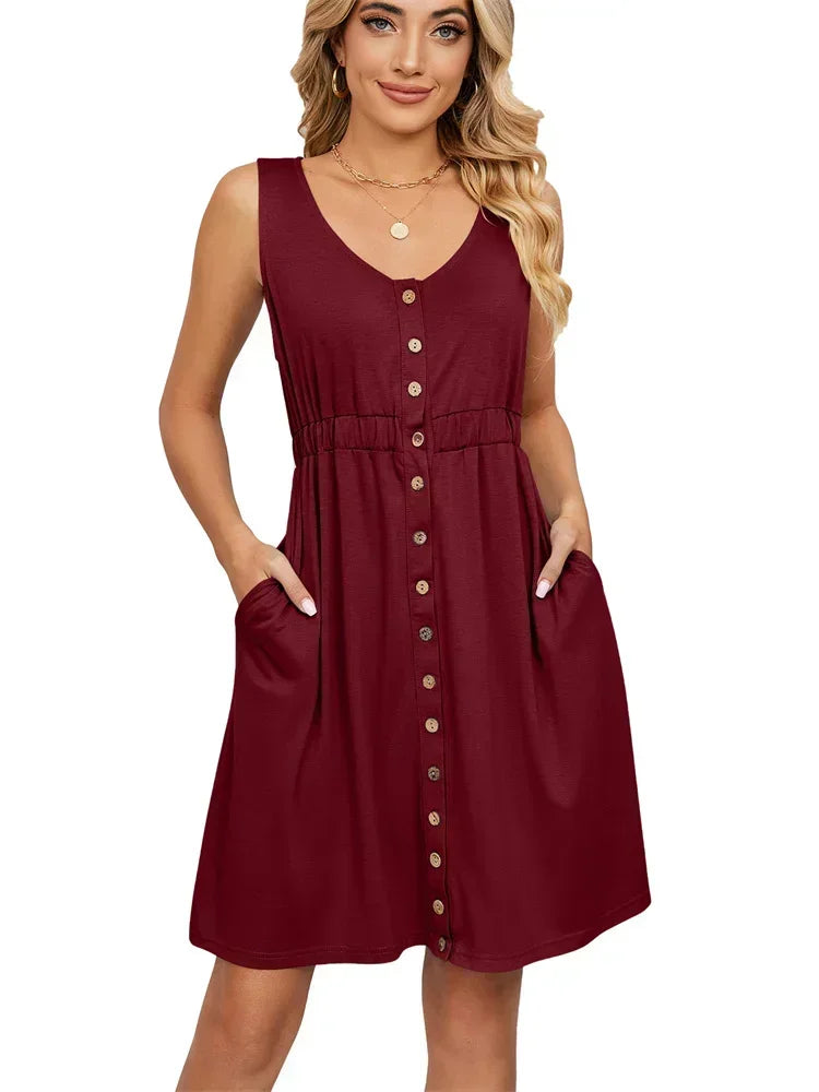 Vintage Elegant Summer Casual A-Line Womens Pullover Loose Pocket Dress Chic O-Neck Solid Sleeveless Long Dresses For Women