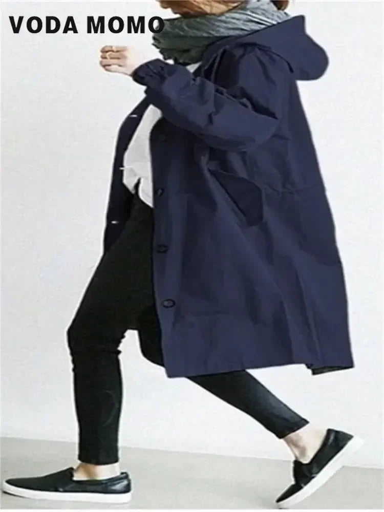 Spring Autumn Casual Korean Fashion Hooded Medium Long Overcoat Loose Windproof Coat Women Trench Coat Solid Color Pocket
