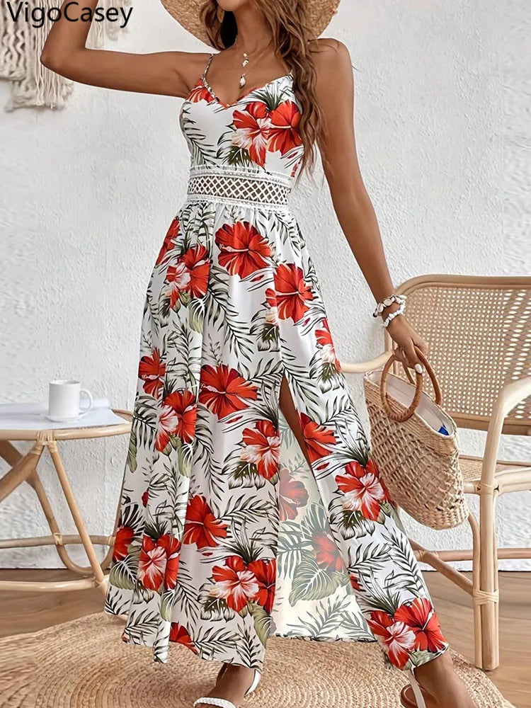 VigoCasey 2025 Summer Female Print Casual Bodycon Dress Women Sexy Sleeveless Strap Long Dress Lace Patchwork Tight Club Dresses