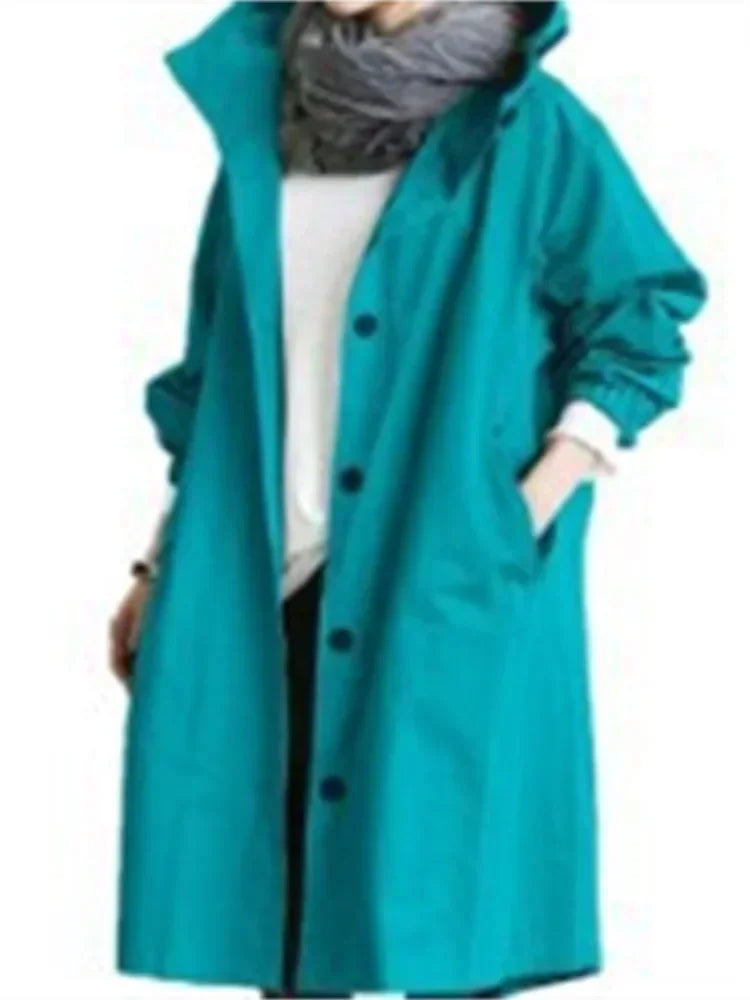 Spring Autumn Casual Korean Fashion Hooded Medium Long Overcoat Loose Windproof Coat Women Trench Coat Solid Color Pocket