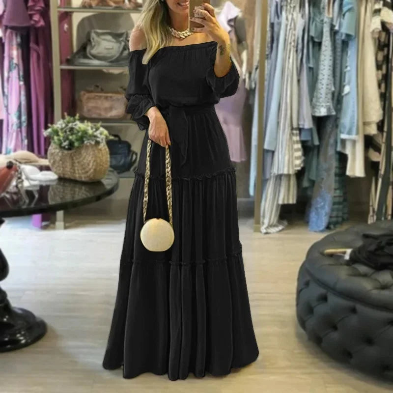 Summer Ruffle Edge Boho Sexy Off-The-Shoulder Long Dress Women's Fashionable Outside Market Fast Selling
