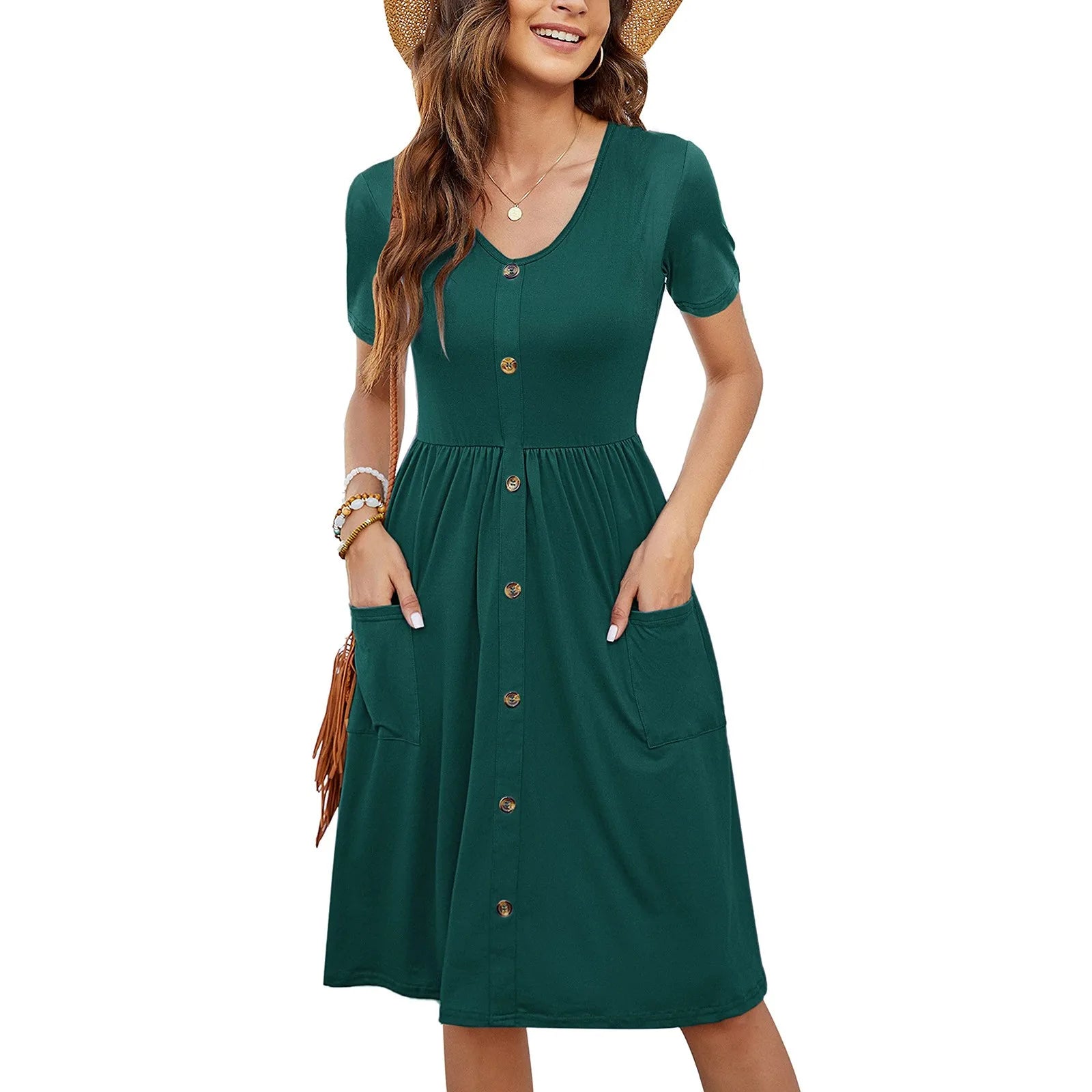 Casual Loose Tank Sundress V-Neck Cotton Button Down Knee Length Dress with Pocket Monochromatic Short Sleeve Short Dresses 원피스