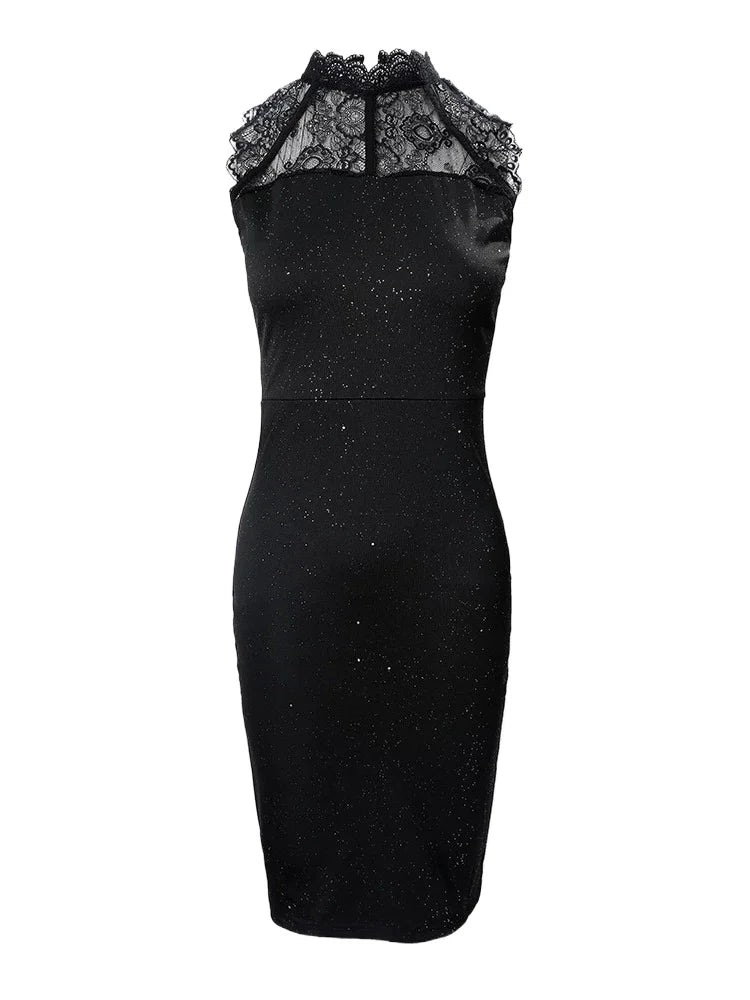 Sexy Women's Dresses 2025 Summer Glitter Contrast Lace Plain Fashion O-Neck Sleeveless Skinny Mini Party Dress Sexy Night Club