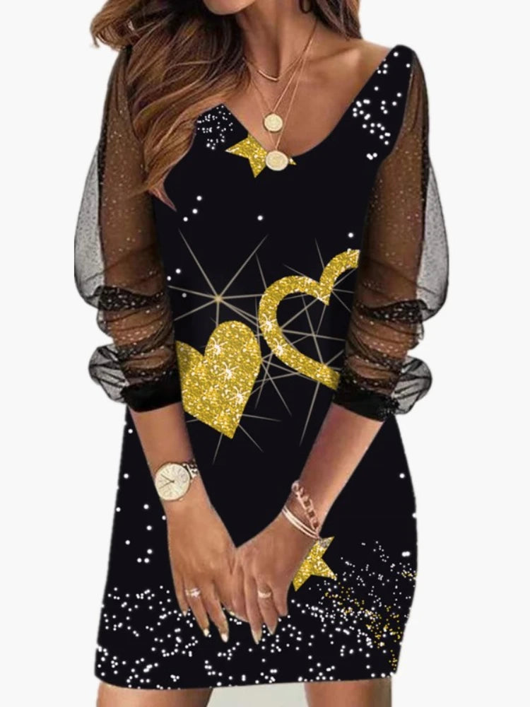 Sexy Mesh Sleeves V Neck Sequins Print Slim Bodycon Dress Women Long Sleeves Causal Dress Elegant Club Party Vestidos