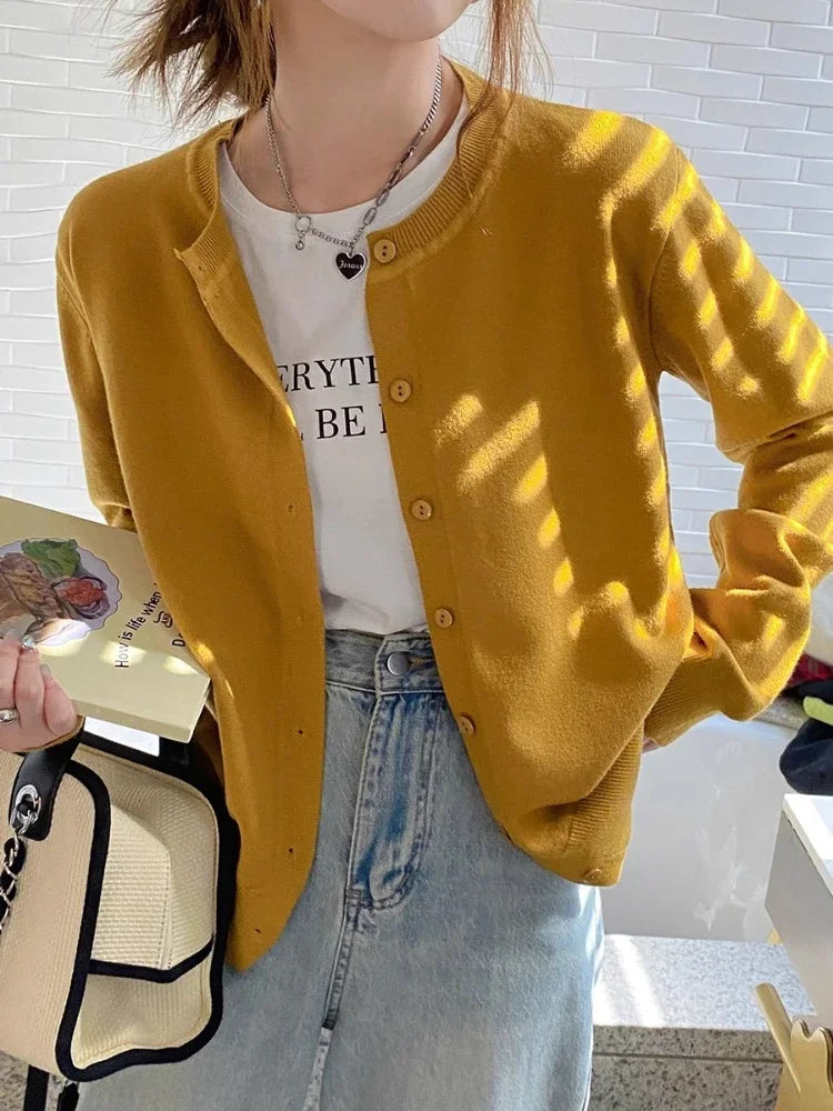 2025 Cardigans Sweater Casual Warm Spring Summer Women O-neck Long Sleeve Single Breasted Slim Fashion Korean Knitwears Tops
