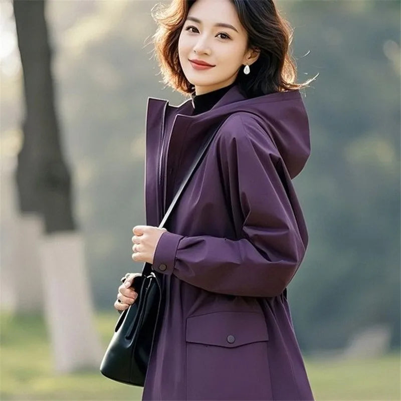 Super Good-Looking Women's Wear Slim Windbreaker Coat Hooded Jacket 2025 New Retro Female Explosive Purple Trench Coat Outwear