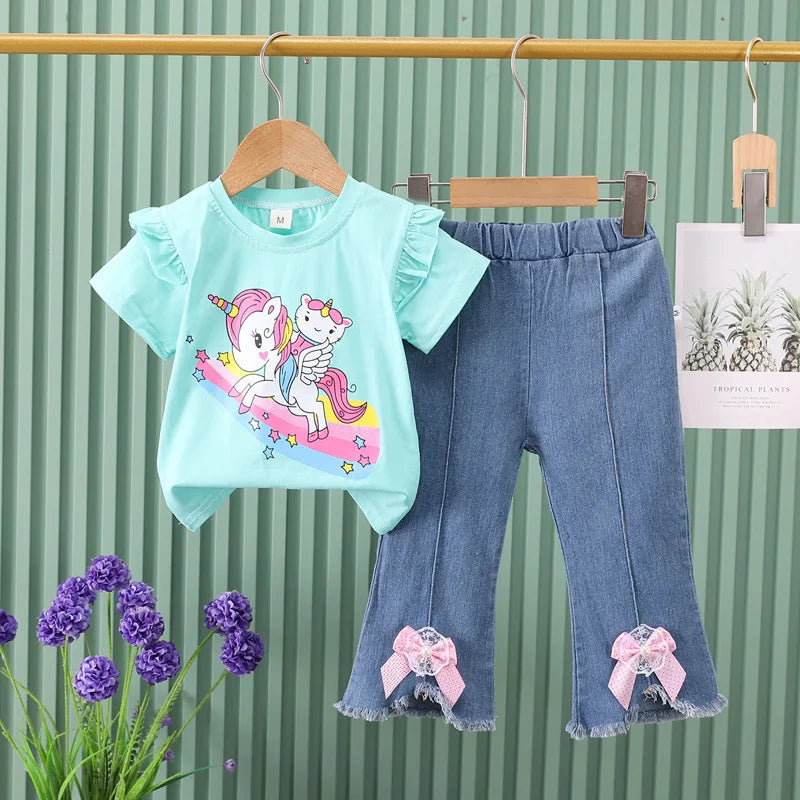 2025 New Children's Set boys Summer Cartoon Printed Short Sleeve+Cowboy Pants Infant Fashion Set 0-4 Years Old