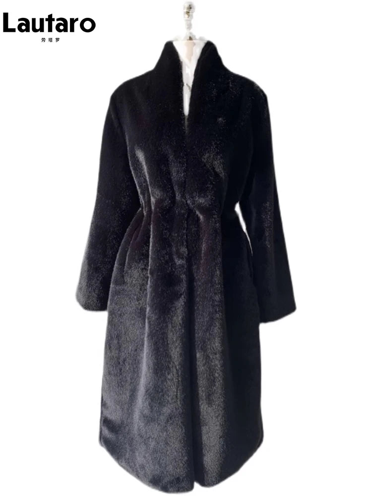 Lautaro Winter Long Black Luxury Elegant Stylish Thick Warm Fluffy Hairy Soft Faux Mink Fur Coat