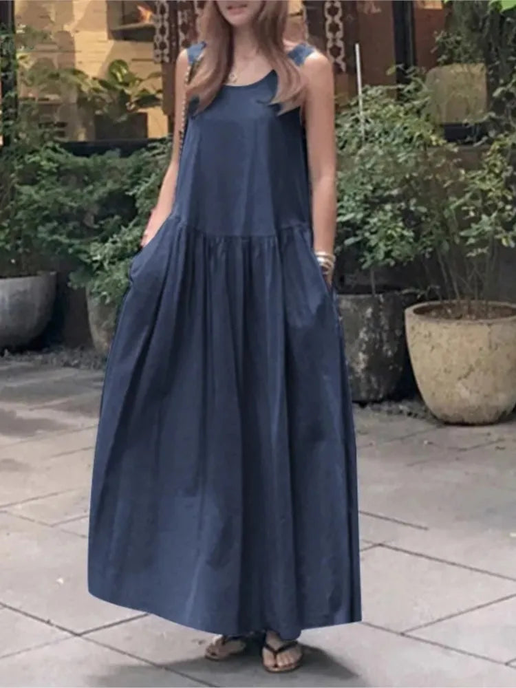 Summer Casual O-neck Sleeveless Loose Solid Long Dress Women Fashion Elegant Office Holiday Beach Party Boho Dresses Robe Femme