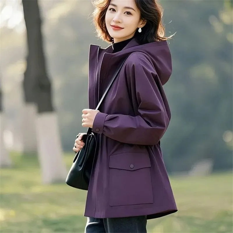 Super Good-Looking Women's Wear Slim Windbreaker Coat Hooded Jacket 2025 New Retro Female Explosive Purple Trench Coat Outwear