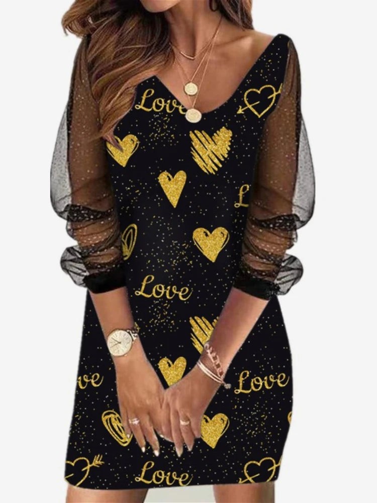 Sexy Mesh Sleeves V Neck Sequins Print Slim Bodycon Dress Women Long Sleeves Causal Dress Elegant Club Party Vestidos