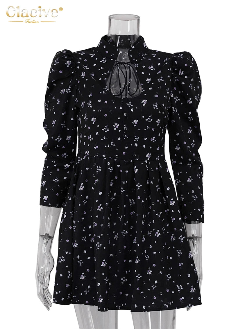 Clacive Fashion Slim Print Women's Dress Sexy Stand Collar Long Sleeve Mini Dresses Elegant Classic Hollow Out Female Dress