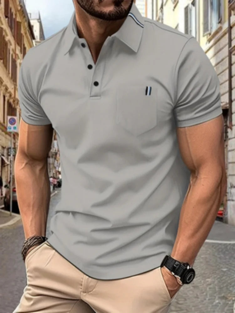 2024 New Solid color men's casual fashion lapel pocket ribbon decoration short-sleeved POLO shirt sports golf slim polo shirt