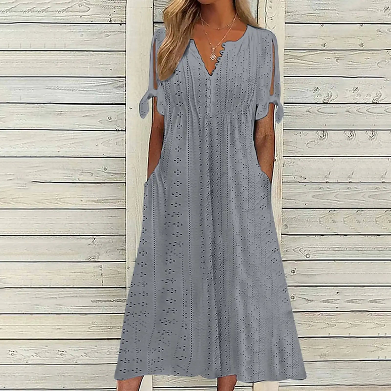Summer New Women's Mid Length Dress With Sexy Holes Hollowed Out Lace Up V-neck Pleated Edges Fashionable Patchwork Dress