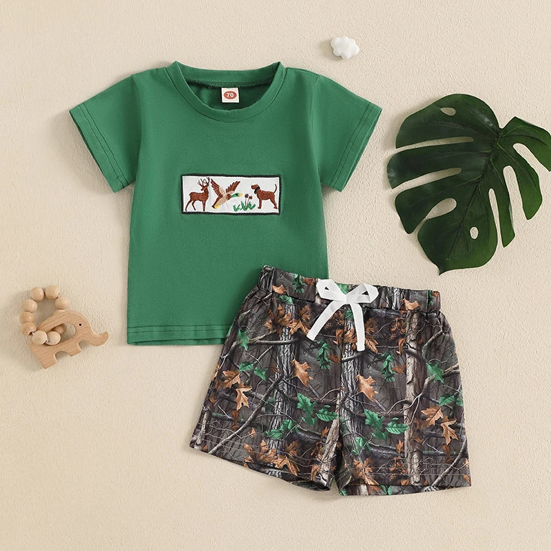 Summer Infant Kids Boy Clothes Sets Fashion Wild Goose Animals Embroidery Short Sleeve T-Shirts Elastic Waist Shorts 2pcs Outfit