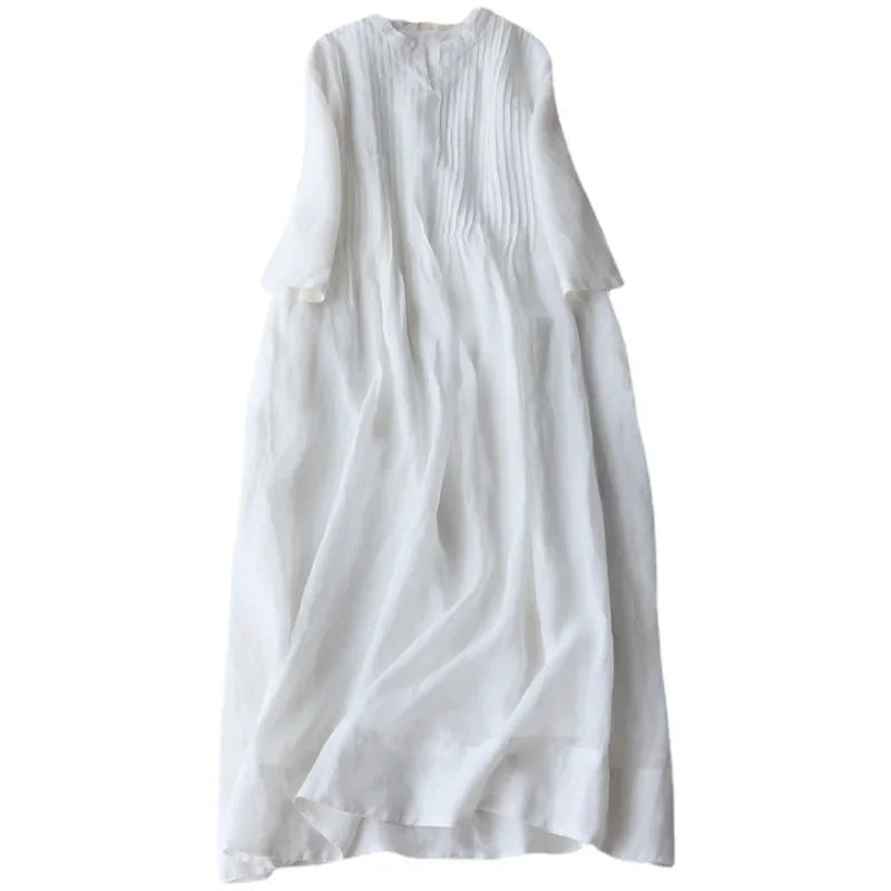 Cotton Linen Women's Dress Summer Elegant Accordion Pleat Loose Drifting Fairy Beautiful Pure Color Long Skirt round Neckline An