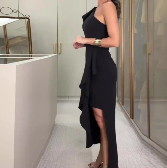 Summer Dress Women's Fashionable Solid Color Diagonal Collar Lace Sleeve Slit Sexy Long Dress Ruffled Edges Sleeveless Dress