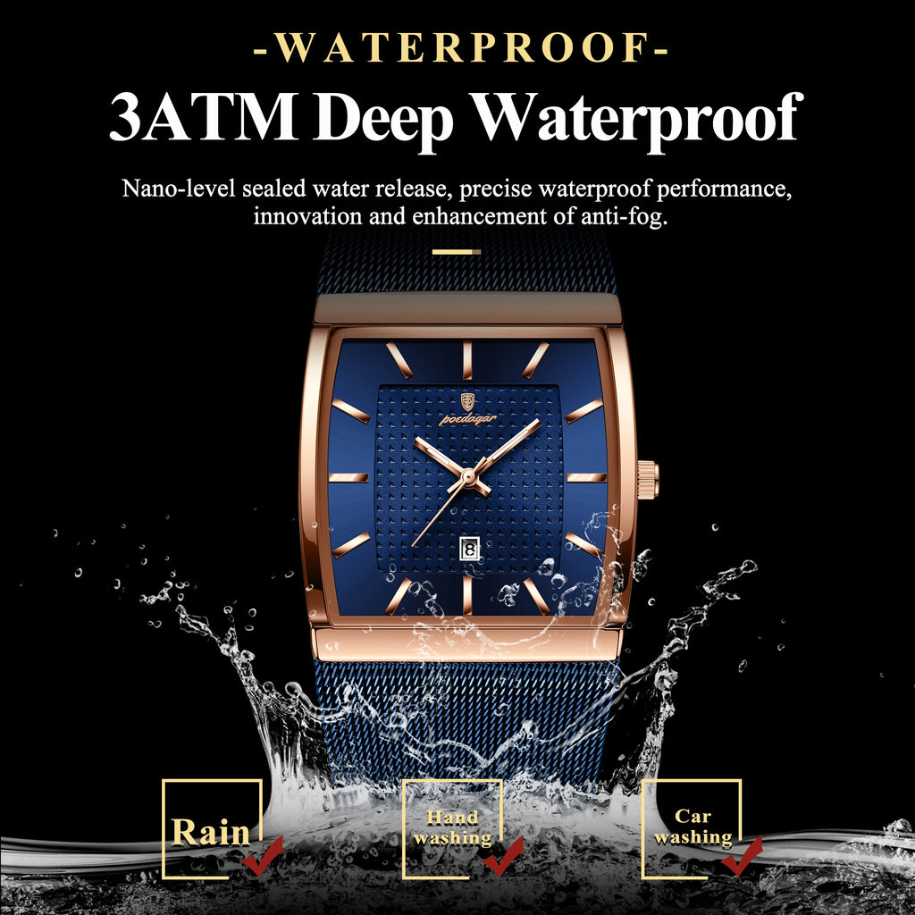 POEDAGAR Top Original Men Watch Waterproof Luminous Date Rectangle Man Wristwatch Mesh Stainless Steel Men's Quartz Watches Male