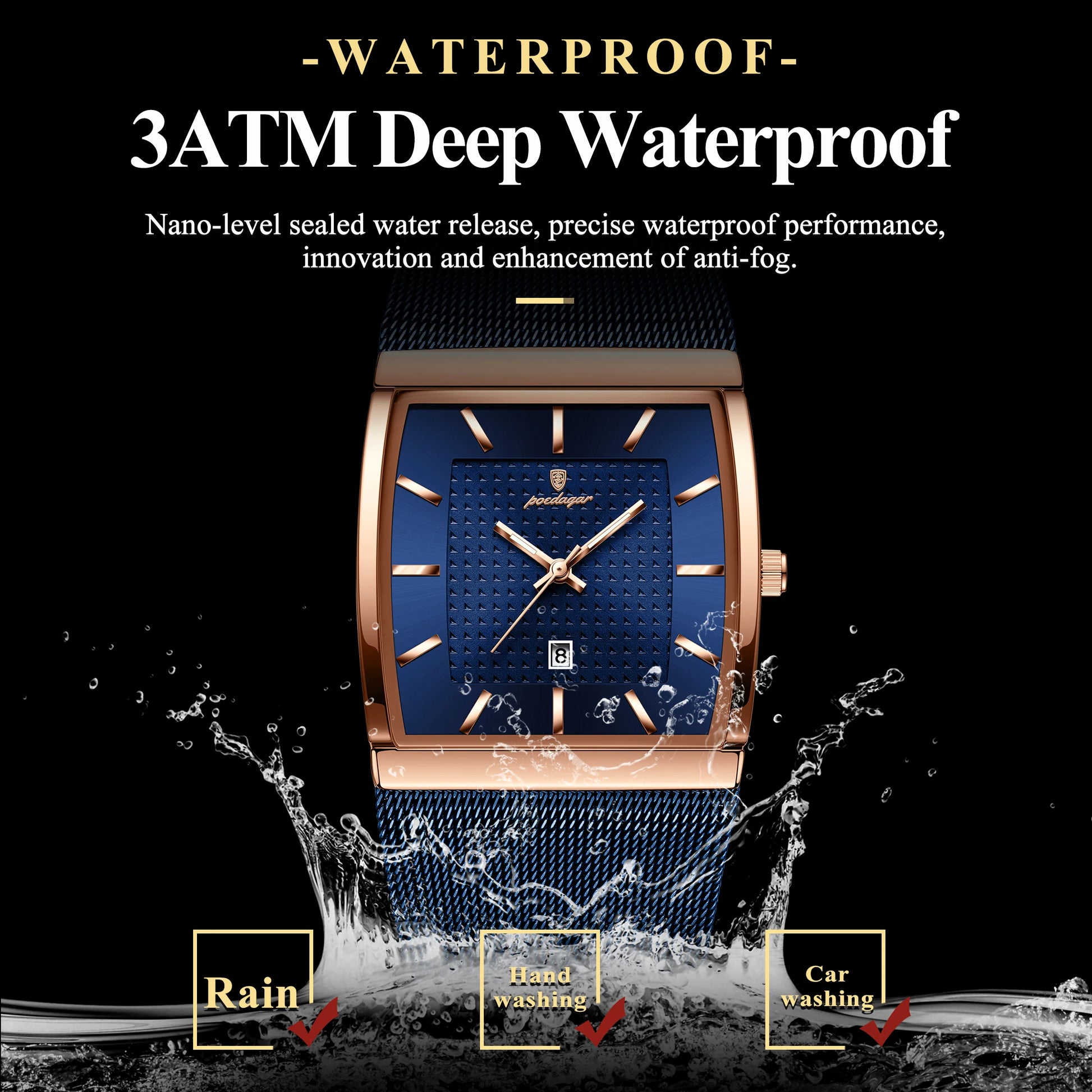 POEDAGAR Top Original Men Watch Waterproof Luminous Date Rectangle Man Wristwatch Mesh Stainless Steel Men's Quartz Watches Male
