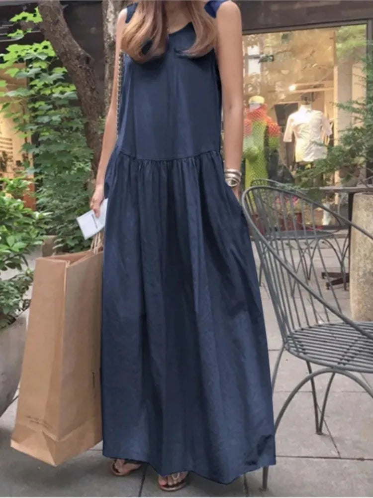 Summer Casual O-neck Sleeveless Loose Solid Long Dress Women Fashion Elegant Office Holiday Beach Party Boho Dresses Robe Femme